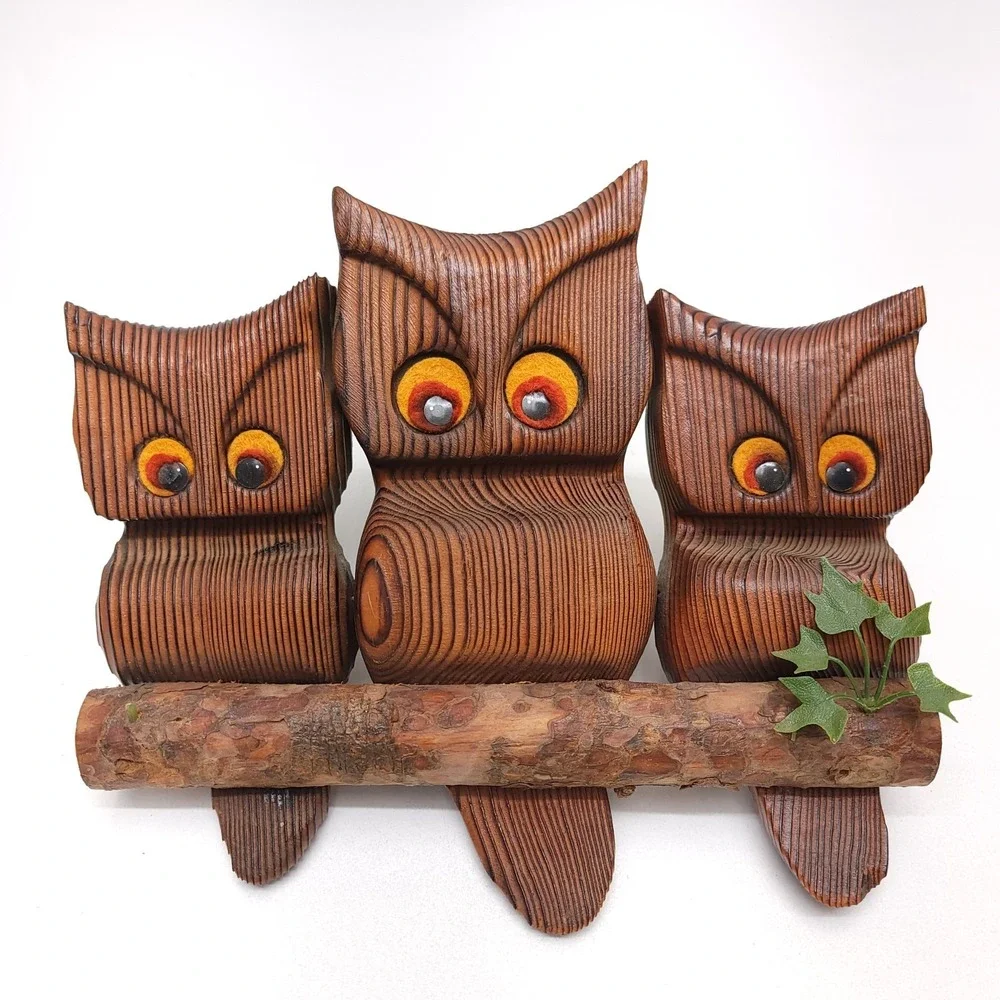 Large Witco Wooden 3 Owls On A Branch‎ Wall Art Orange Tack Felt Eyes Carved MCM